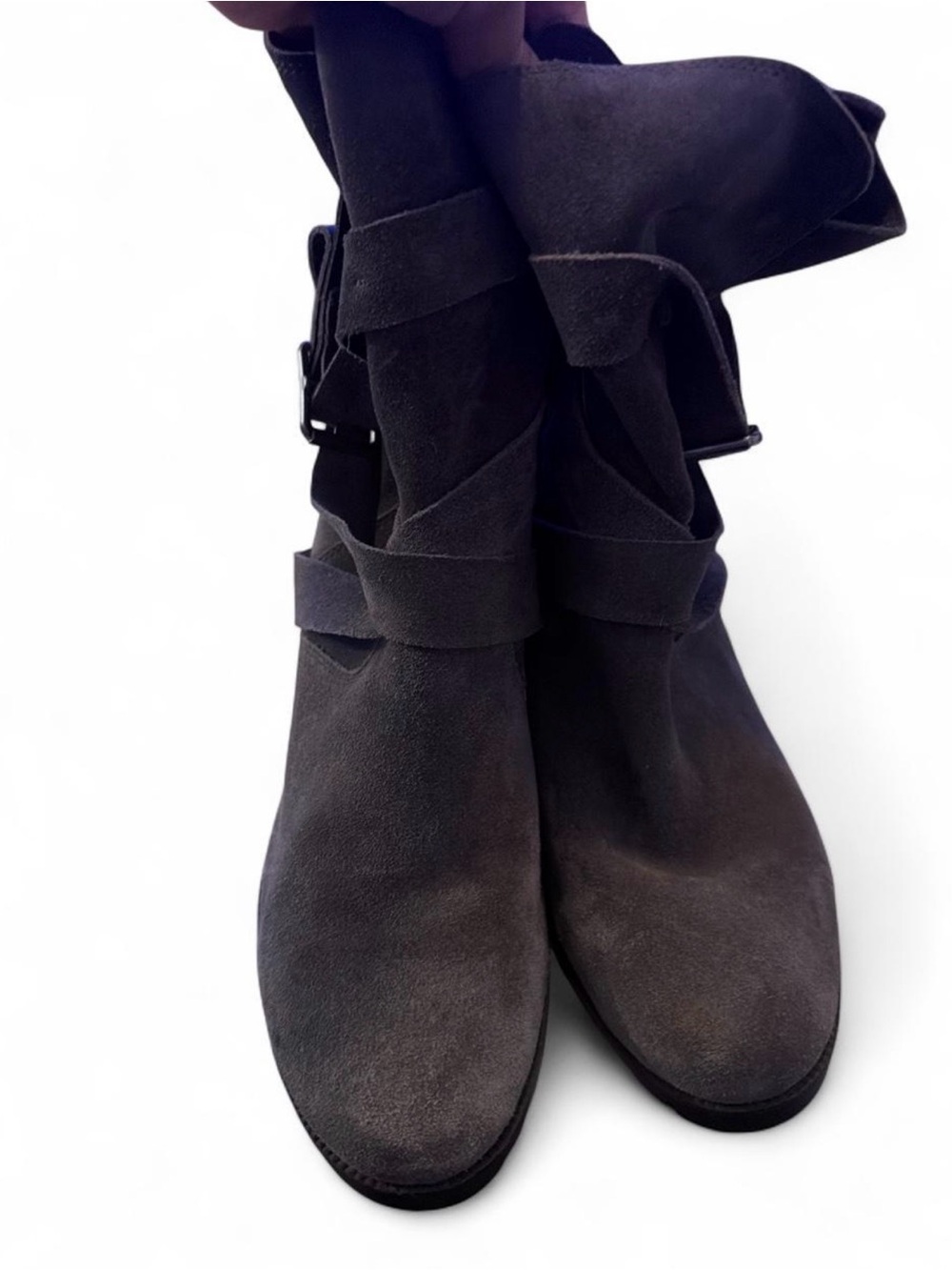 Clarks Dark Gray Suede Ankle Boots with Wrap Detail